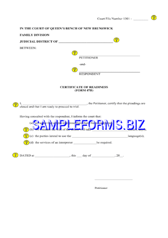 New Brunswick Certificate of Readiness (Hearing - Sole Petitioner) Form pdf free